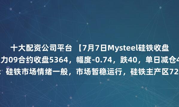 十大配资公司平台 【7月7日Mysteel硅铁收盘评述】期货端：硅铁主力09合约收盘5364，幅度-0.74，跌40，单日减仓442（元/吨）。现货端：硅铁市场情绪一般，市场暂稳运行，硅铁主产区72硅铁自然块现金含税出厂5050-5150元/吨，75硅铁价格报5600-5750元/吨。